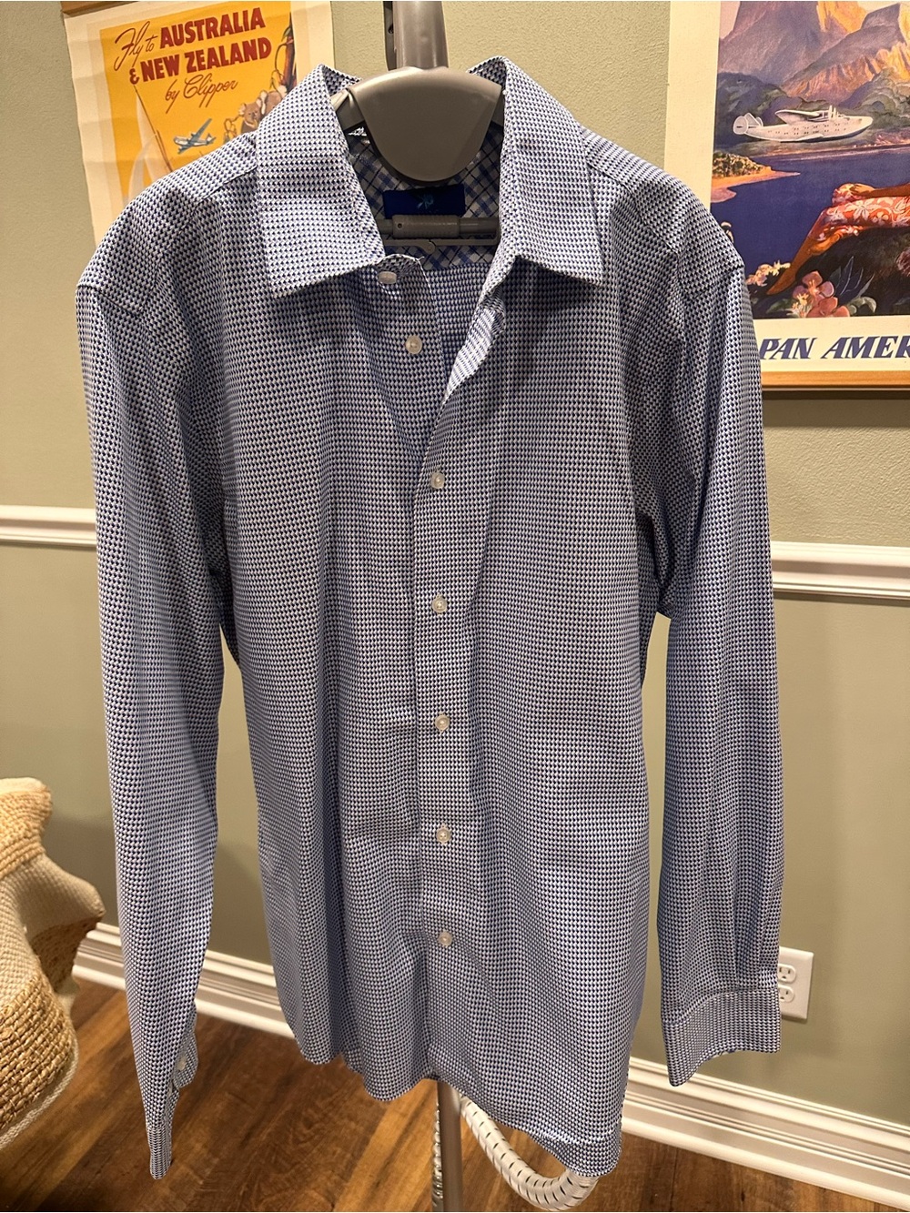 Men's Blue Micro-Check Button-Up Shirt by Egara- Non Iron- Slim Fit -Size XL